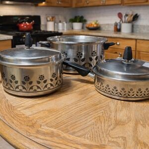 Stainless Steel Cookware Set with Black Floral Design